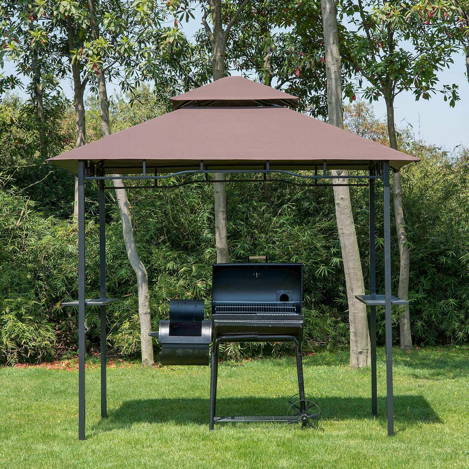 Outsunny 8' x 5' Grill Gazebo with Double Roof, Outdoor BBQ Gazebo with 2 Side Shelves, Steel Grill Tent Canopy for Patio Yard Garden, Coffee