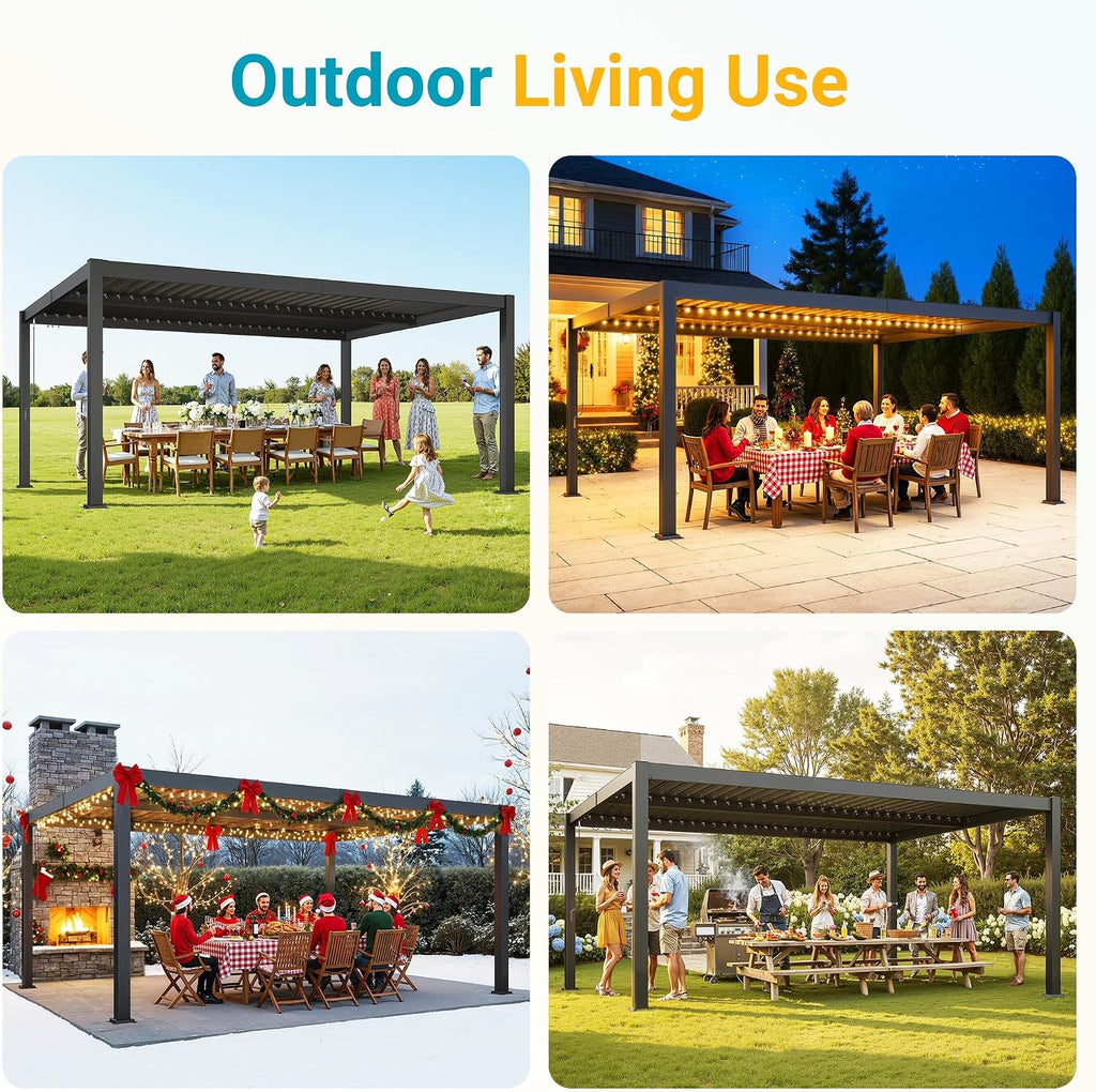 Louvered Pergola, 12' x 16' Outdoor Pergola, Metal Patio Gazebo with Adjustable Louvers Roof and Gutter System, Metal Hardtop Gazebo for Patio, Backyard, Deck, Garden, Dark Gray