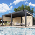 EROMMY 12x20 Louvered Pergola with Side Pull-Down Screen, Outdoor Aluminum Pergola with Thickened Frame and Adjustable Metal Rainproof Roof for Deck Patio Garden Yard, Black-Gray