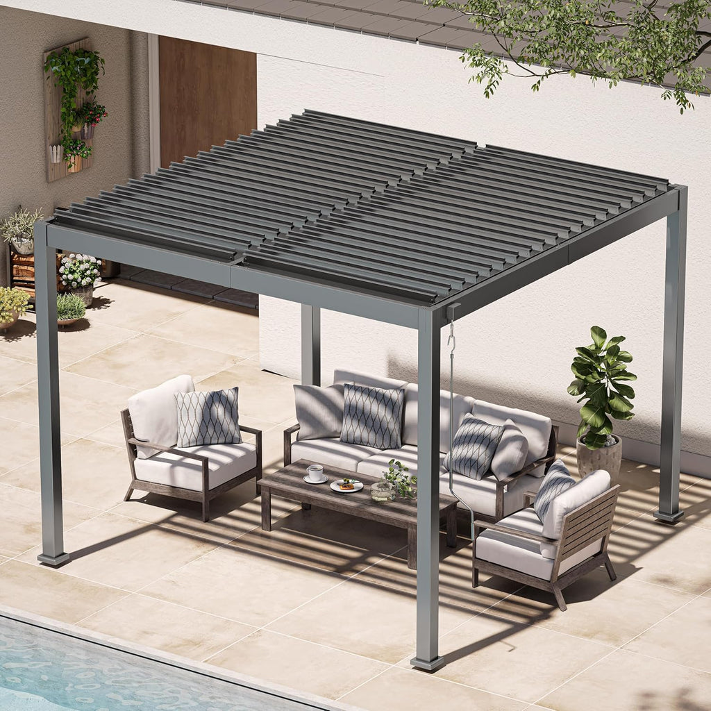 Louvered Pergola, 10 x 10 Aluminum Pergola, Outdoor Modern Design with Adjustable Roof and Hidden Drainage System, Durable for Garden, Yard, Deck (Dark Gray, 10x10)