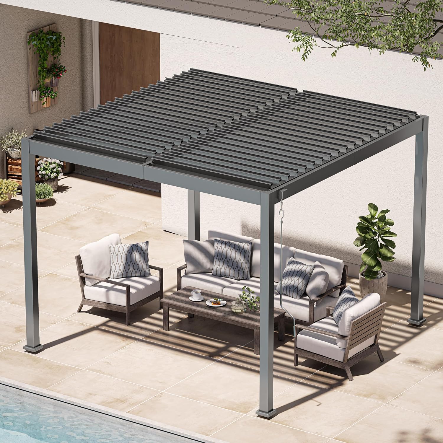 Louvered Pergola, 10 x 10 Aluminum Pergola, Outdoor Modern Design with Adjustable Roof and Hidden Drainage System, Durable for Garden, Yard, Deck (Dark Gray, 10x10)