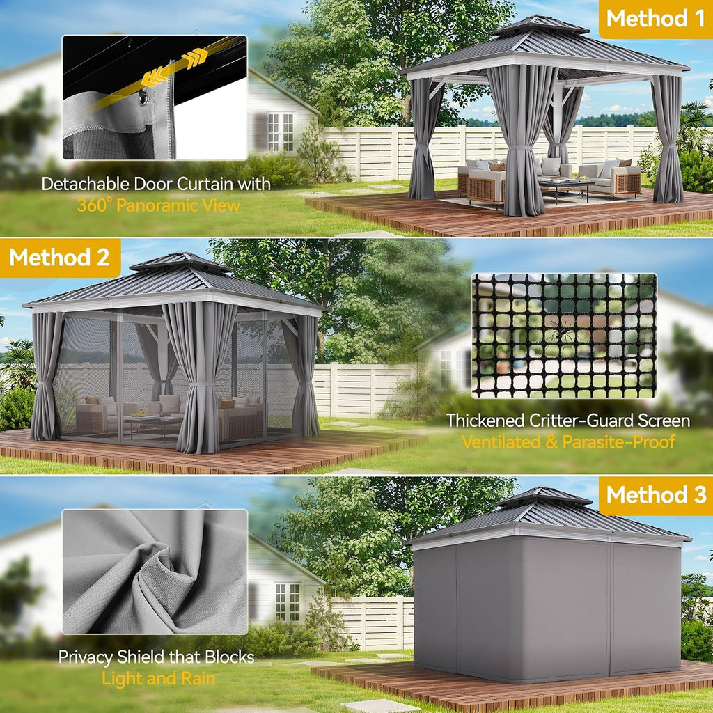 DWVO 10x10ft Hardtop Gazebo Double Roof Outdoor Galvanized Roof Aluminum Frame White Gazebo with Netting and Curtain Garden Tent for Patio, Backyard Deck