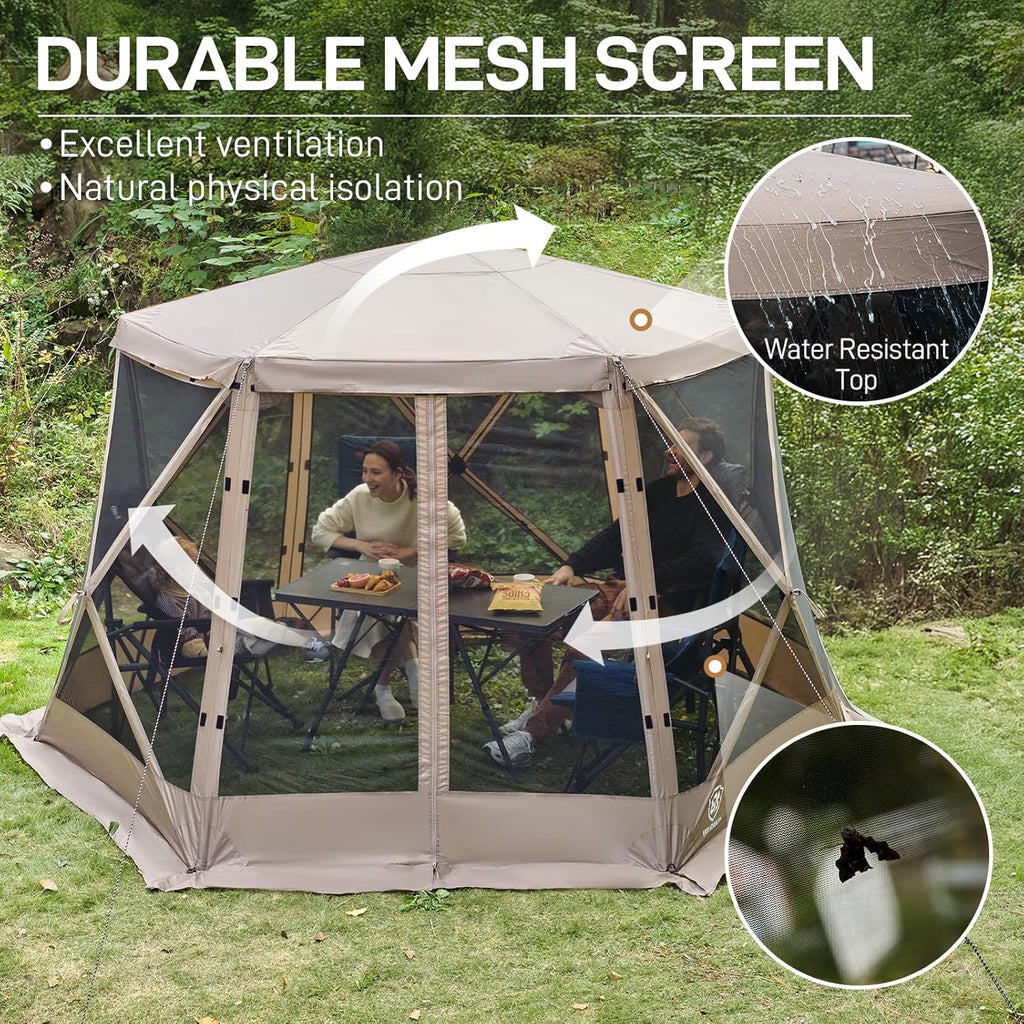 EVER ADVANCED Pop up Screen House Tent for Camping 11.5 x 9.8 ft, Instant Screened Gazebo Canopy with Netting, Portable Shelter Enclosure for Outdoor, Backyard, Khaki