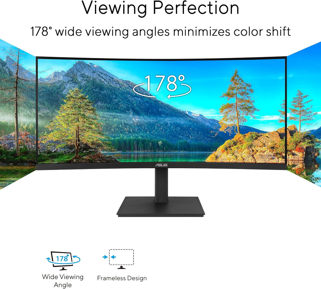ASUS 34' Curved USB-C Docking Monitor (VA34VCPSR) - WQHD (3440x1440), 1500R Curvature, Frameless, USB-C PD 96W, RJ45, USB hub, Eye Care, Ergonomic, VESA Wall Mountable, 3 yr Warranty