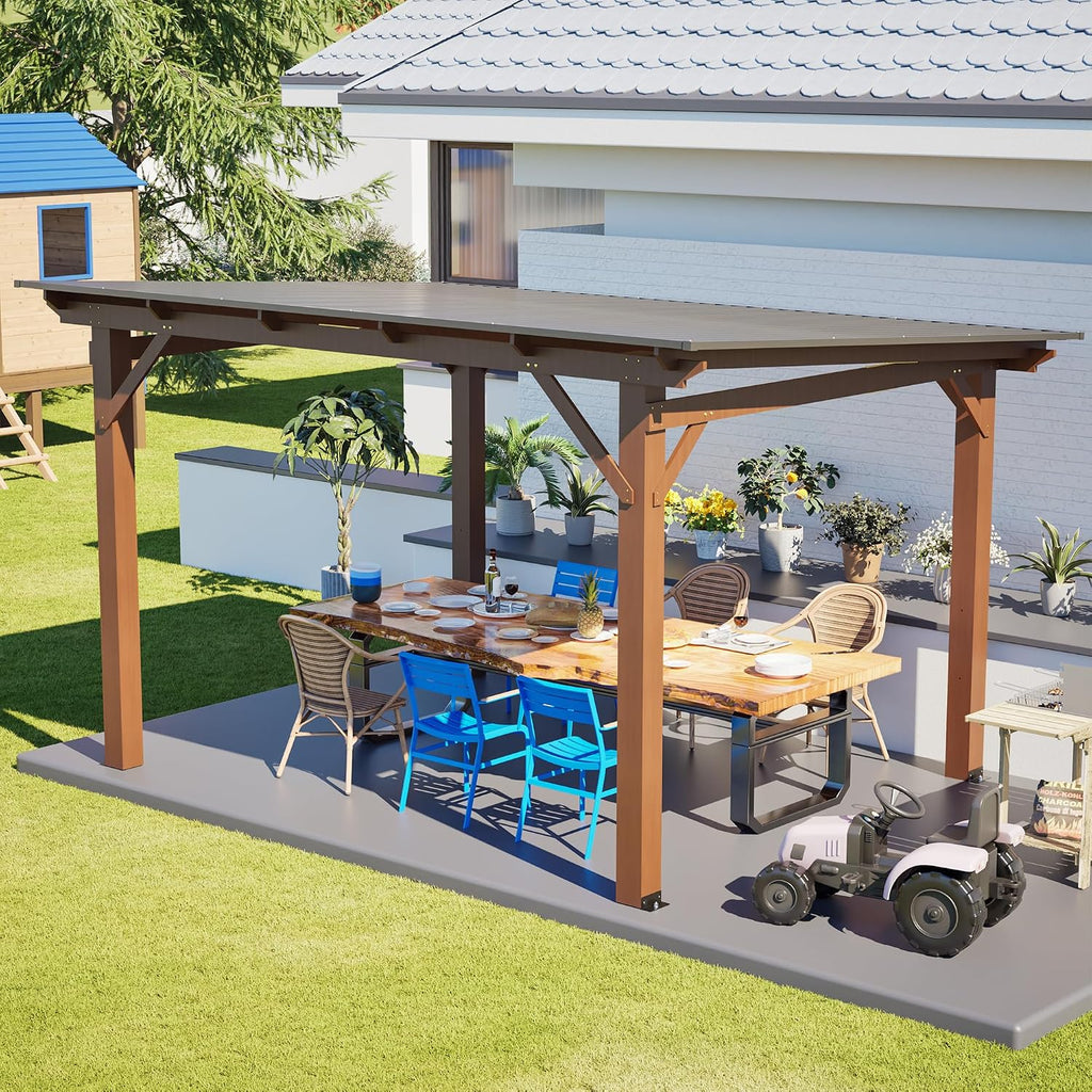 YOPTO 13.1x7.7 FT Gazebo,Outdoor Pergola W/Metal Roof,Lean to Gazebo W/UV-Resistant & Water Resistant,Wall-Mounted Heavy Duty Fir Wood Pergola W/Protective Corners,for Backyard Patio Garden,Brown