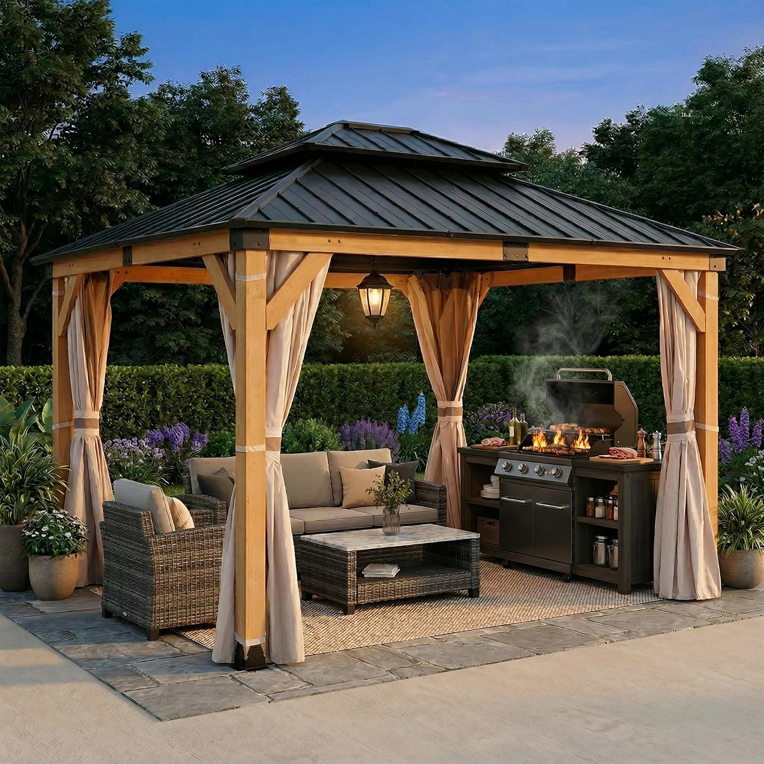 10'x12' Wooden Hardtop Gazebo,Wood Heavy Duty Solid Cedar Gazebos with Mosquito Netting and Waterproof Curtains,Outdoor Metal Canopy for Deck Patio