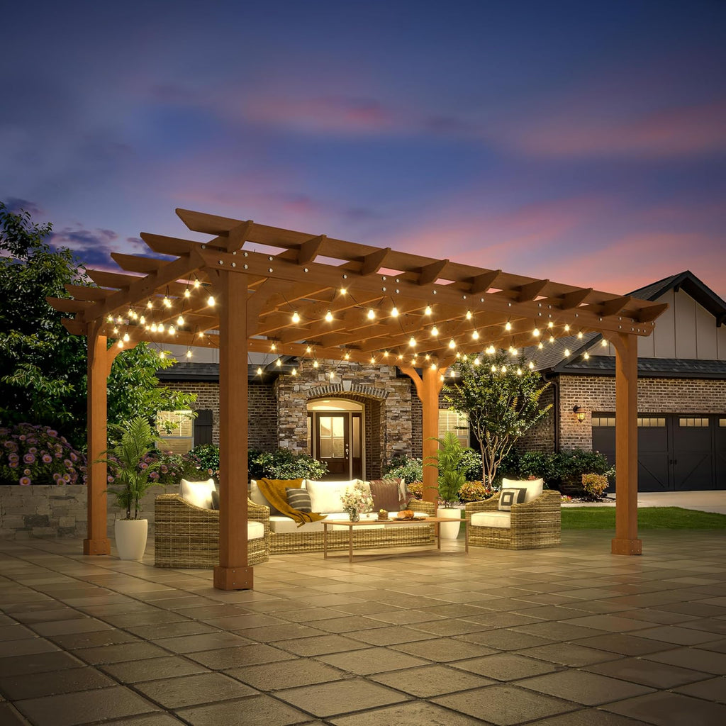 Yardenaler 10 x 14 FT Pergola, Cedar Wood Gazebo with Slatted Roof Trellis, Outdoor Garden Shelter with Stakes Included, Patio, Deck, Backyard, Lawn