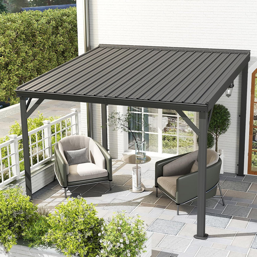8x8FT Lean to Gazebo, Outdoor Hardtop Wall Mounted Gazebo with Gutter & Sloping Galvanized Steel Roof, Metal Hard Top Awnings for Deck, Porch, Backyard