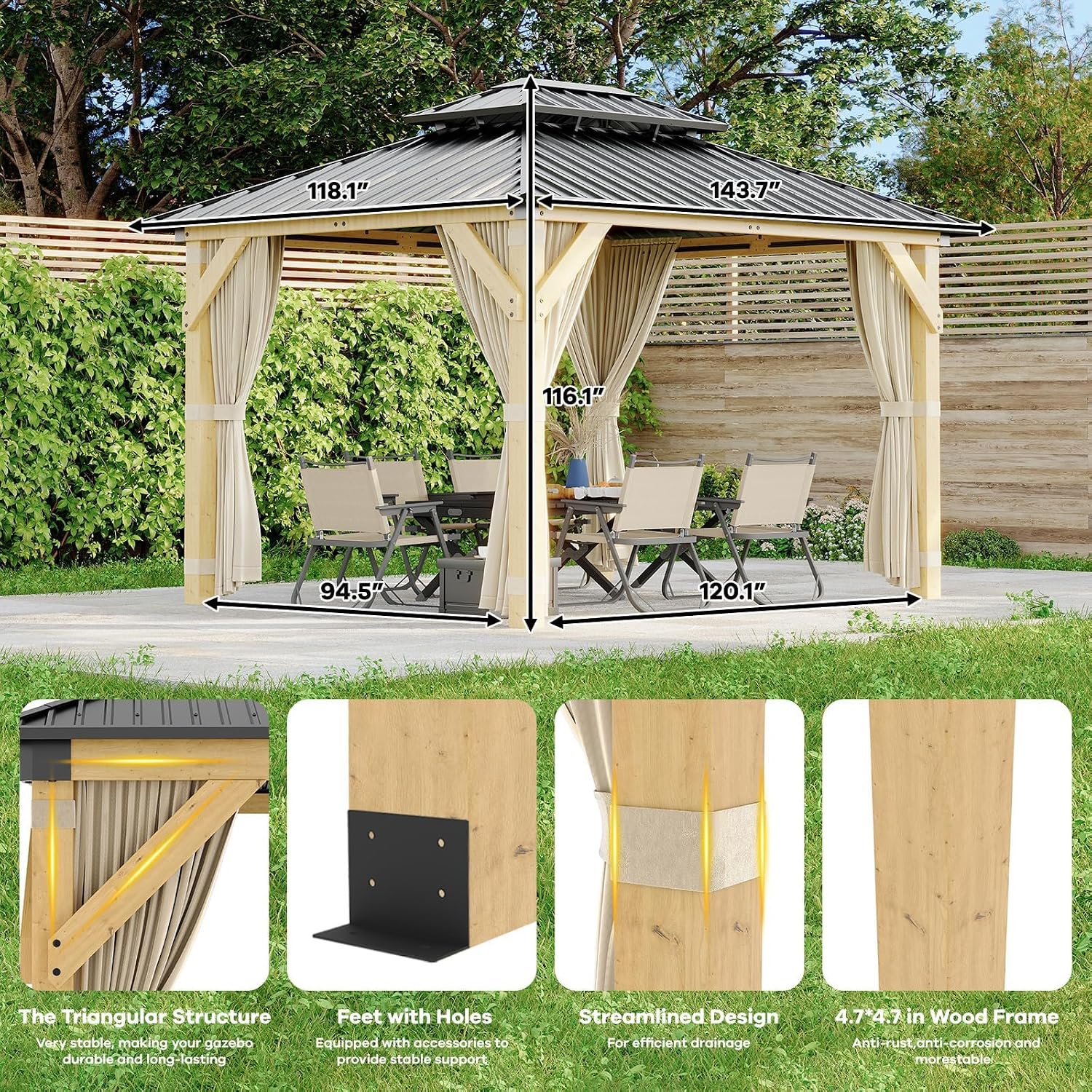 10 x 12 Ft Wood Gazebo, Upgrade Wooden Frame, Double Galvanized Steel Roof, Hardtop Gazebo with Nettings and Curtains for Backyard, Patio, Garden and Lawn, Khaki