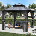 9.5' x 9.5' Hardtop Gazebo, Galvanized Steel Double Roof Gazebo with Nettings and Curtain Outdoor Aluminum Frame Vertical Stripes Roof Gazebos for Patio, Deck,Backyard