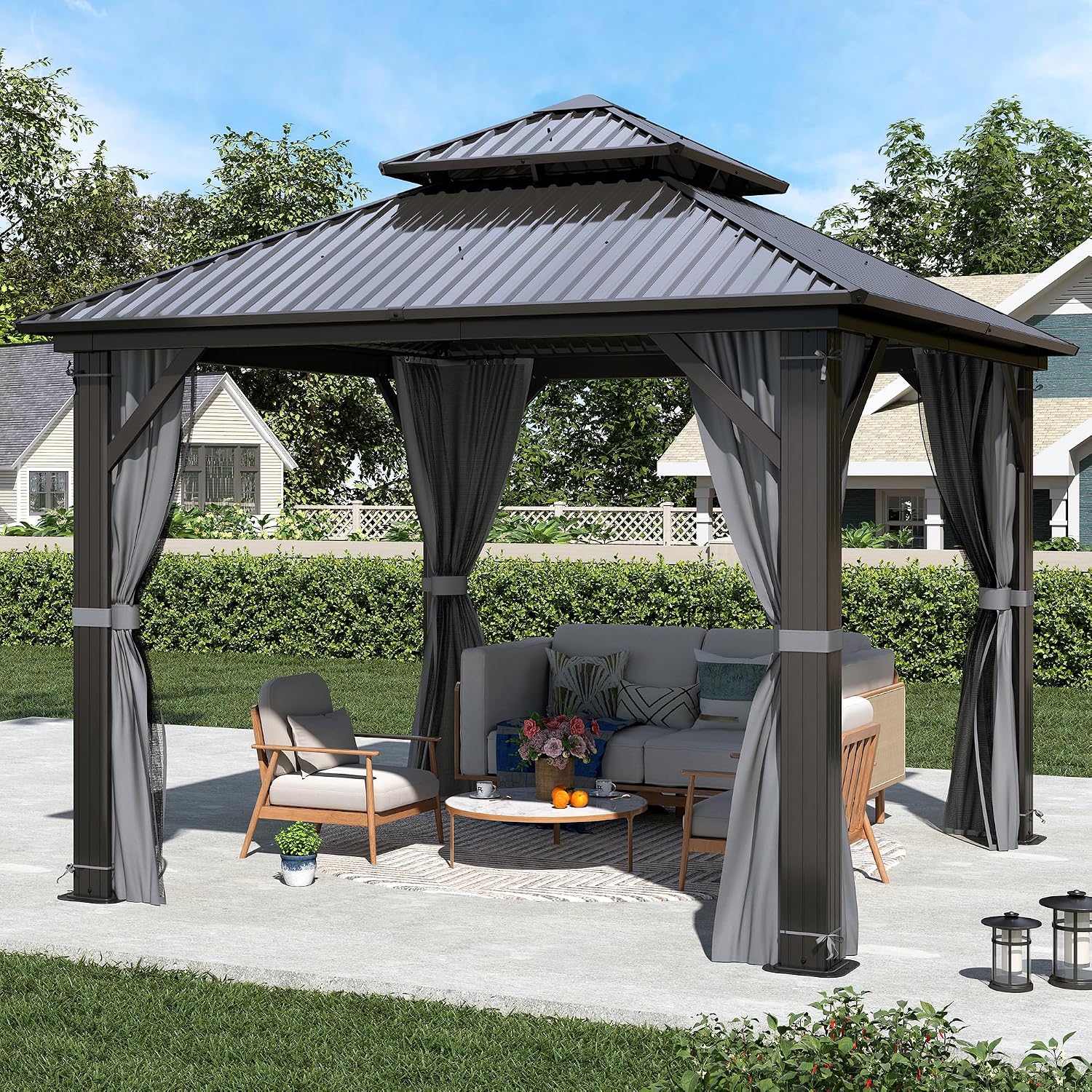 9.5' x 9.5' Hardtop Gazebo, Galvanized Steel Double Roof Gazebo with Nettings and Curtain Outdoor Aluminum Frame Vertical Stripes Roof Gazebos for Patio, Deck,Backyard