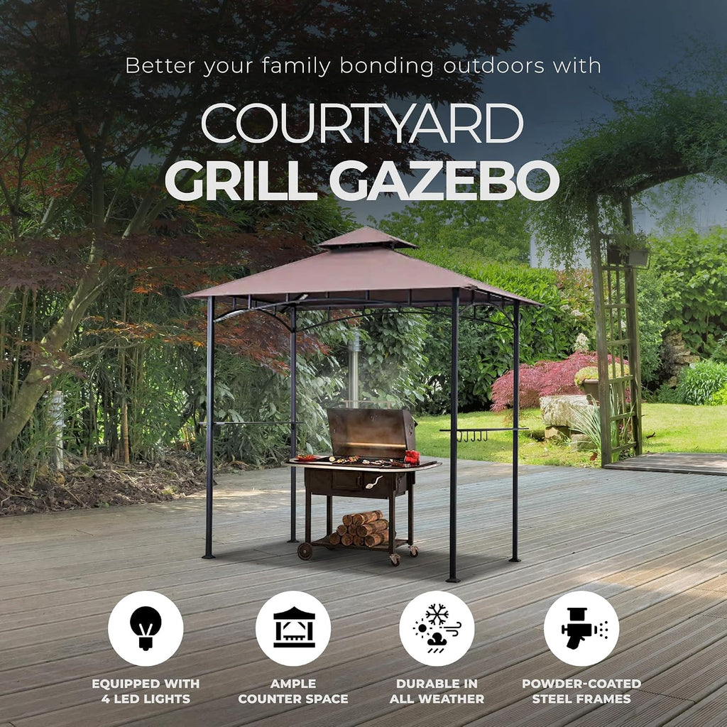 Four Seasons Courtyard BBQ Grill Gazebo with LED Lights, 2 Glass Shelves, and Powder Coated Steel Frame for Backyard Lawn and Outdoor Use, Brown