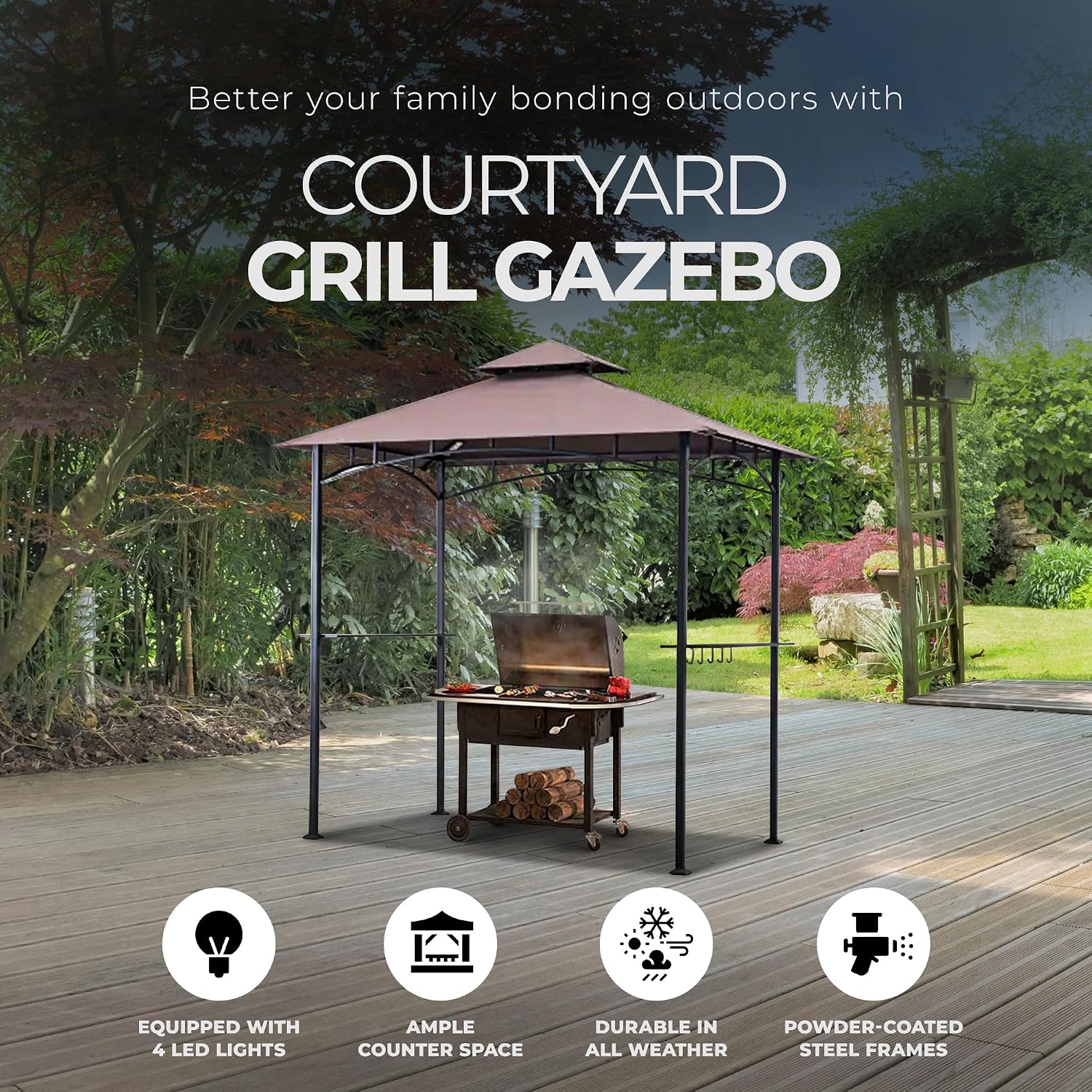 Four Seasons Courtyard BBQ Grill Gazebo with LED Lights, 2 Glass Shelves, and Powder Coated Steel Frame for Backyard Lawn and Outdoor Use, Brown