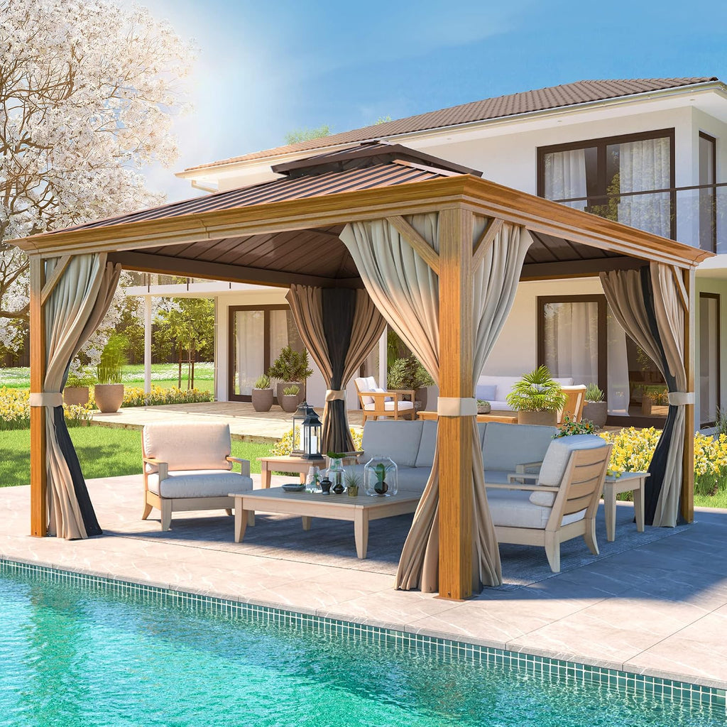 YOLENY 12'x12' Hardtop Gazebo, Wooden Finish Coated Aluminum Frame Canopy with Galvanized Steel Roof, Outdoor Metal Gazebos with Curtains and Nettings for Patio, Backyard, Deck and Lawns