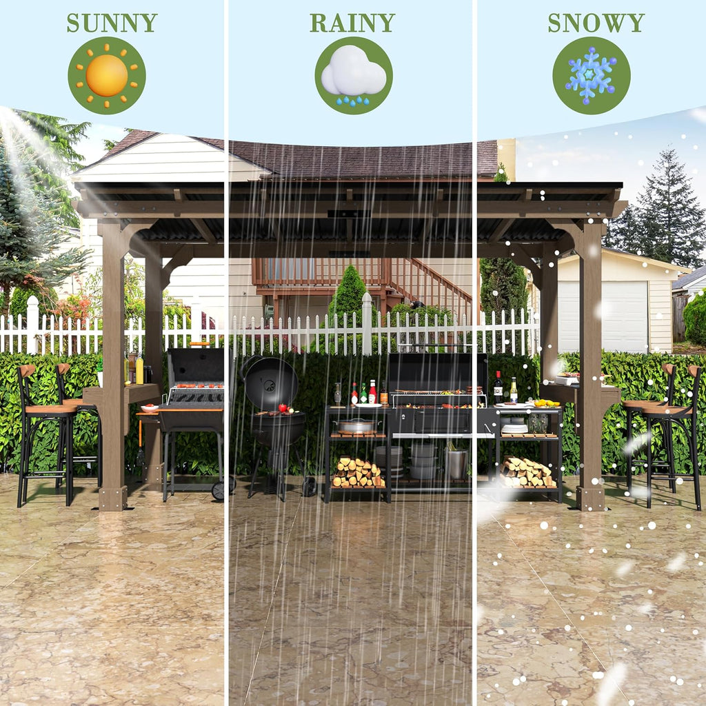 BlueWish 6' x13' Outdoor Grill Gazebo, Wood Grill Gazebo with Metal Sloping Roof, Heavy Duty Cedar Wood Frame, Wind-Resistant Patio Gazebo with Shelves for Barbecue, Backyard, Light Mocha Brown