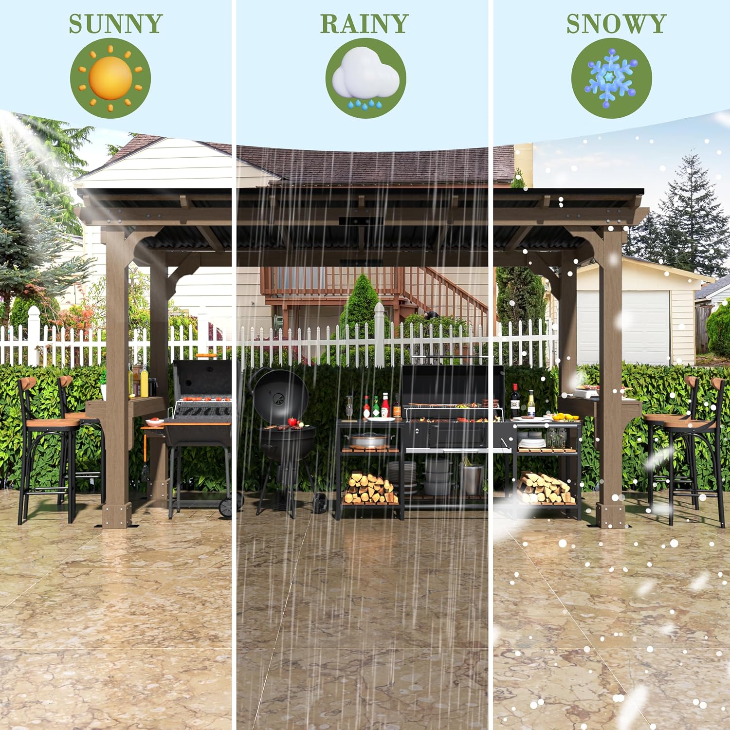BlueWish 6' x13' Outdoor Grill Gazebo, Wood Grill Gazebo with Metal Sloping Roof, Heavy Duty Cedar Wood Frame, Wind-Resistant Patio Gazebo with Shelves for Barbecue, Backyard, Light Mocha Brown