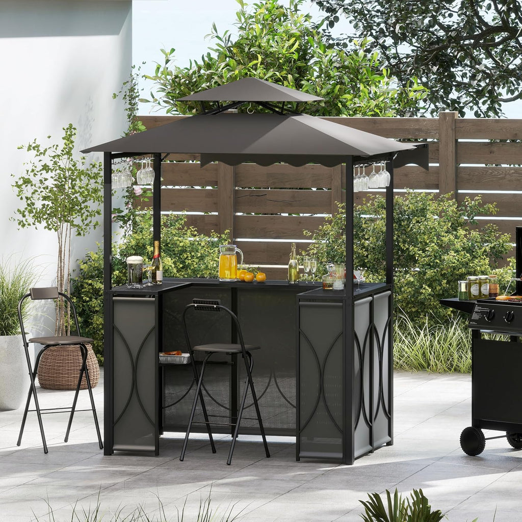 Tangkula 3 Piece Patio Bar Set, Grill Gazebo & 2 Foldable Bar Stools with Awning, Metal Storage Shelves, Glass Holders, Double-Tier Outdoor Shelter for Patio Poolside Garden Backyard (Gray)