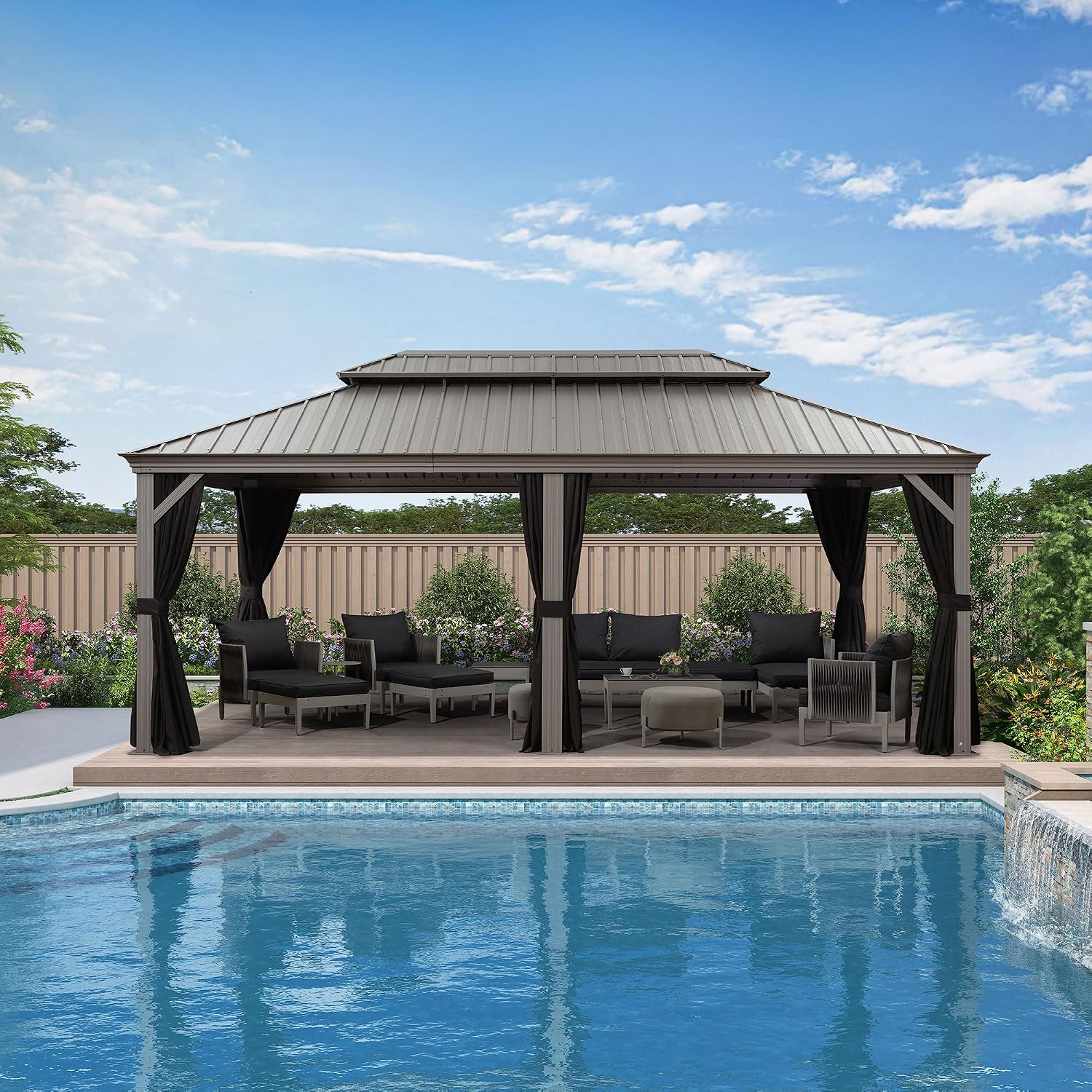 PURPLE LEAF 12' x 20' Permanent Hardtop Gazebo with Galvanized Steel Double Roof and Aluminum Frames Outdoor Large Pavilion Gazebo for Patio Deck Garden, Netting and Curtains Included, Light Grey