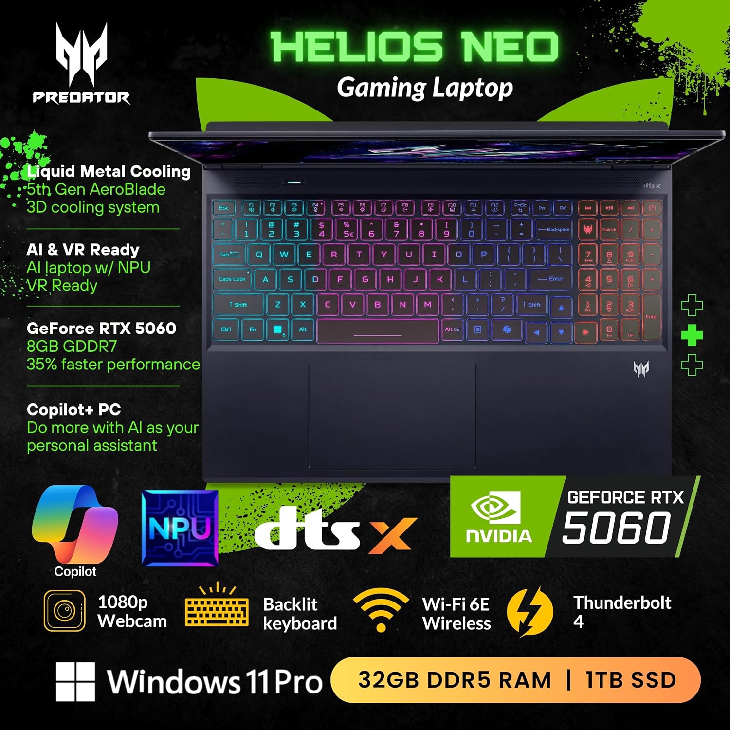 Acer Predator Helios Neo 16S AI Gaming Laptop, 16 240Hz 2.5K OLED, Intel Core Ultra 9 275HX, NVIDIA GeForce RTX 5060, VR Ready, Copilot, Liquid Cooling, Black, Windows 11 Pro(32GB DDR5 RAM | 1TB SSD)