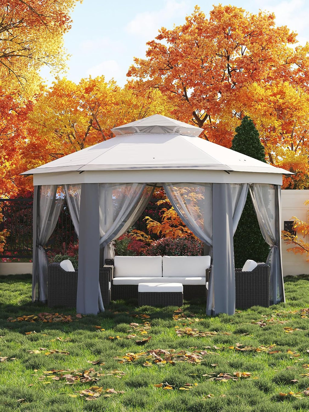 13 x 13FT Pop Up Gazebo, Hexagonal Outdoor Canopy Shelter, Instant Patio Gazebo Tent With Mesh Netting and Strong Steel Frame for Patio Backyard Garden Wedding Party,Light Gray+Dark Gray