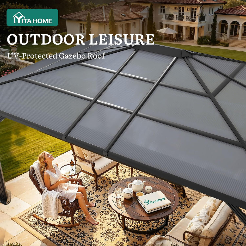 YITAHOME 10x12ft Polycarbonate Gazebo Single Top Outdoor with Netting and Shaded Curtains, Metal Frame Garden Tent for Patio, Backyard, Deck and Lawns, Gray