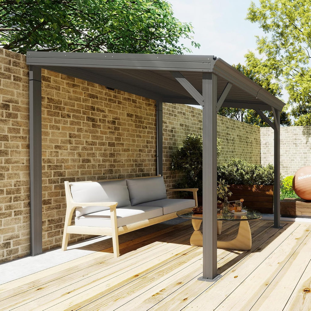 Domi 8'x8' Lean-to Gazebo, Hardtop Wall-Mounted Gazebo Pergola with Sloping Galvanized Steel Roof and Upgraded Drainage System, Outdoor Permanent Metal Shelters for Patio Backyard Deck, Grey