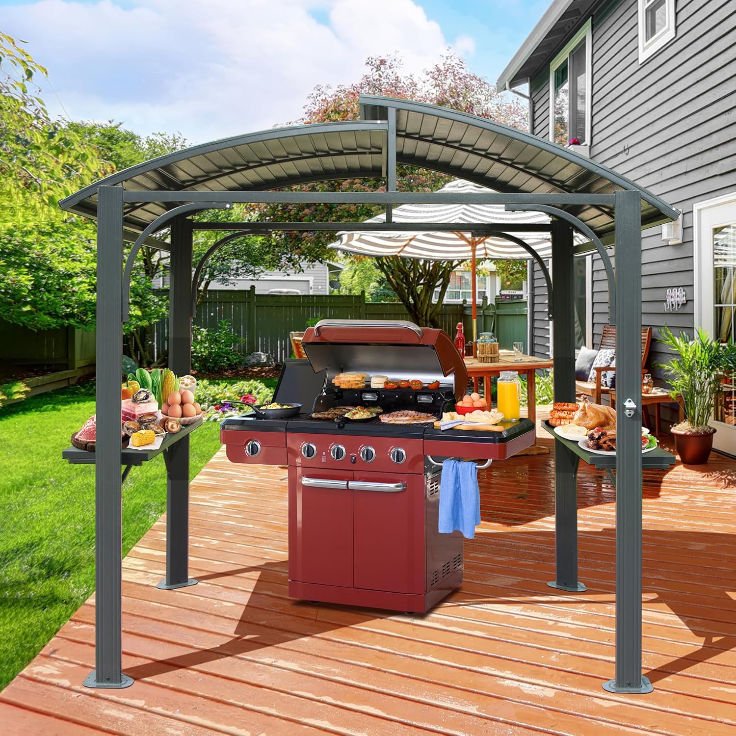 Domi 8x5FT Hardtop Grill Gazebo, Outdoor BBQ Gazebo with 2 Side Shelves and Bottle Opener, Outdoor Grill Canopy with Galvanized Steel Double Roof for Patio Lawn Backyard Deck, Grey