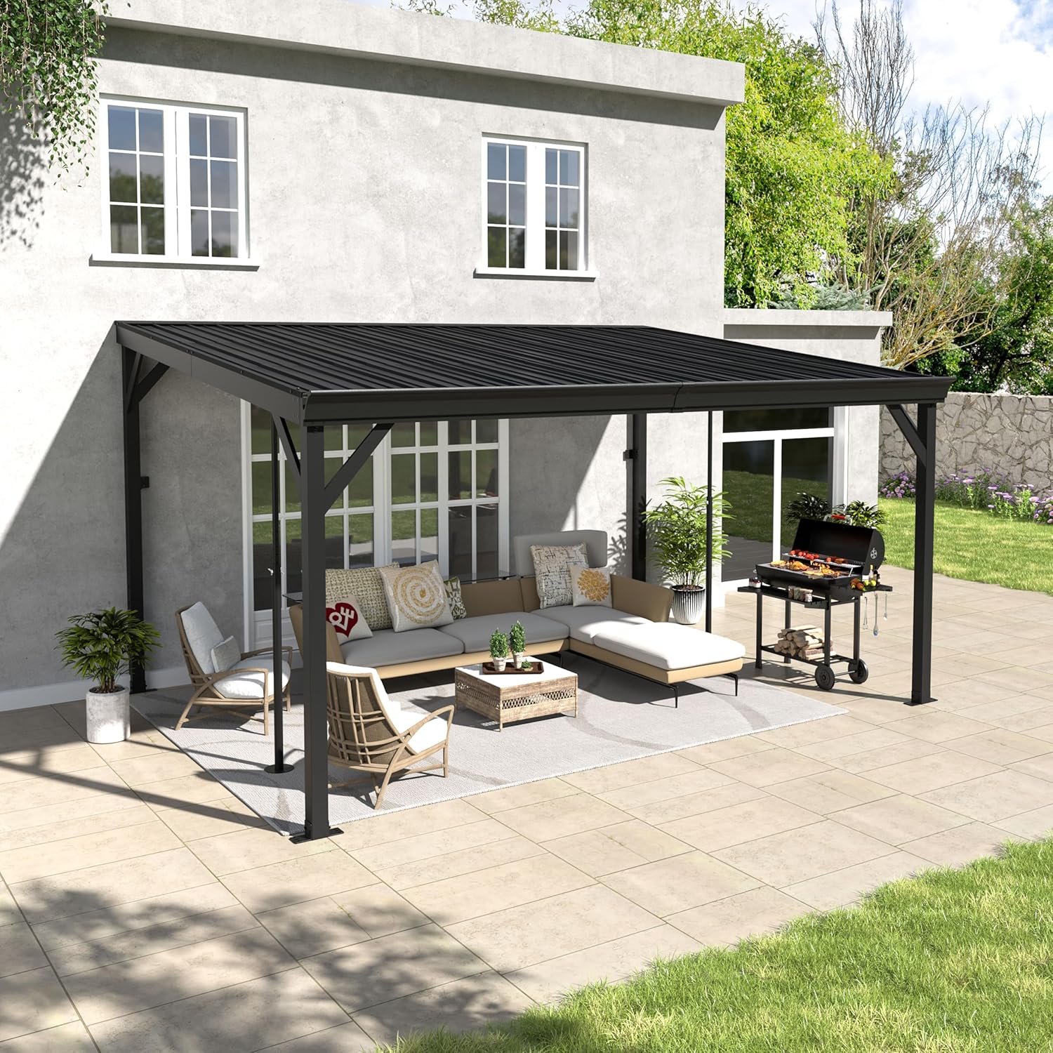 MUPATER 10'x 14' Wall-Mounted Gazebo, Outdoor Pergola Gazebo with Gutter, Lean to Gazebo with Adjustable Support Posts, Heavy Duty Awnings for Patio, Deck, Porch and Backyard
