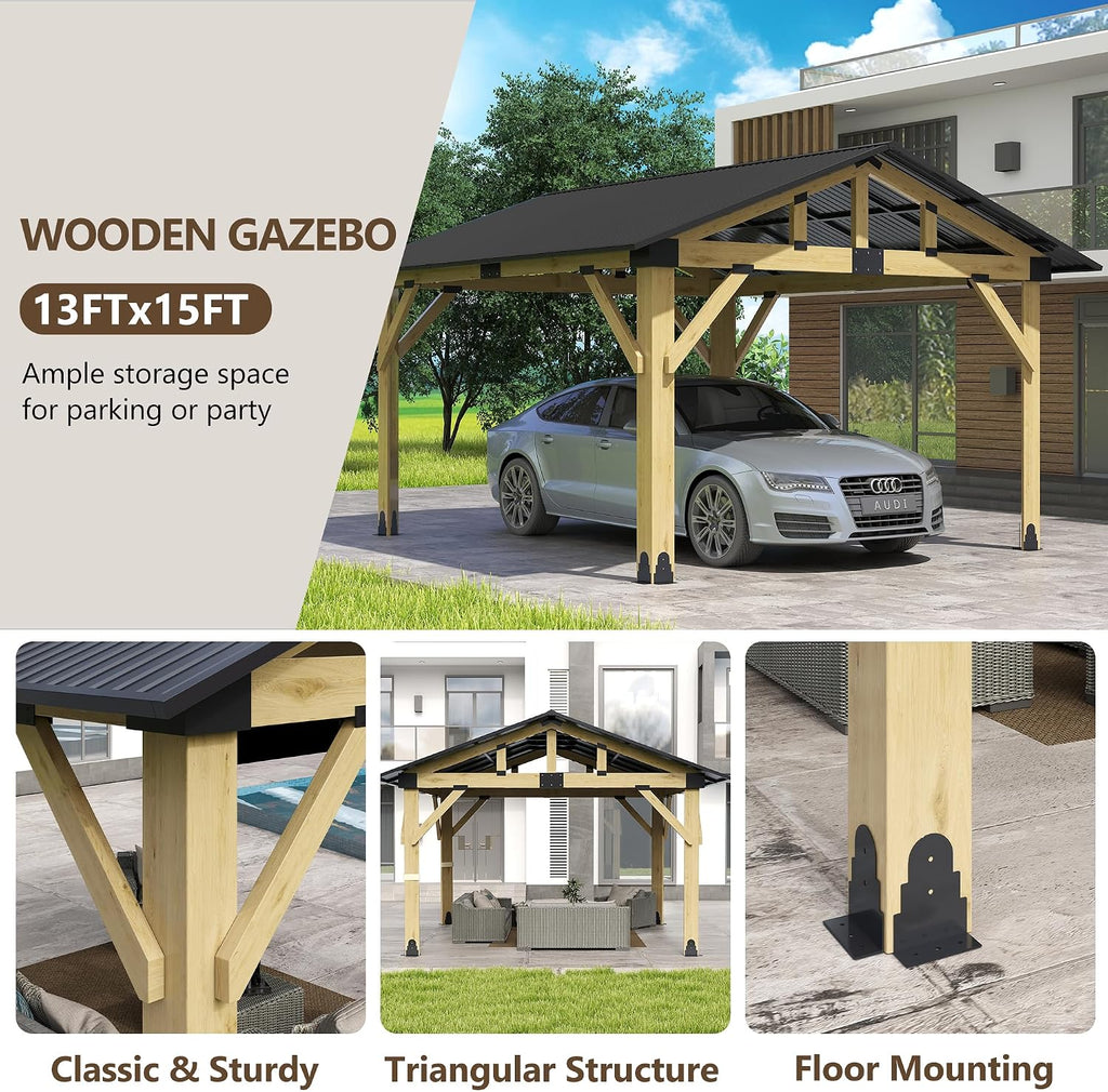 Wood Gazebo 13'x15', Cedar Wooden Gazebos, Outdoor Hardtop Gazebo with Waterproof Steel Roof, Fit Patio, Backyard, Garden, Lawns, Porch