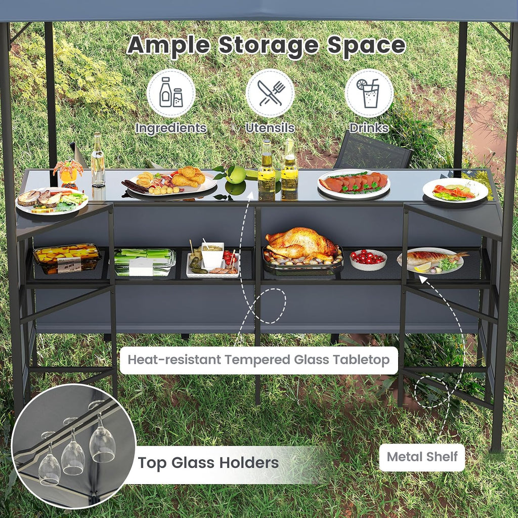 Tangkula 3 Piece Patio Bar Set, 8x8 FT Double-Tier Grill Gazebo with 2 Bar Stools, Tempered Glass Top, Metal Storage Shelf, Glass Holders, Outdoor Shelter for BBQ Party Poolside Garden (Grey)