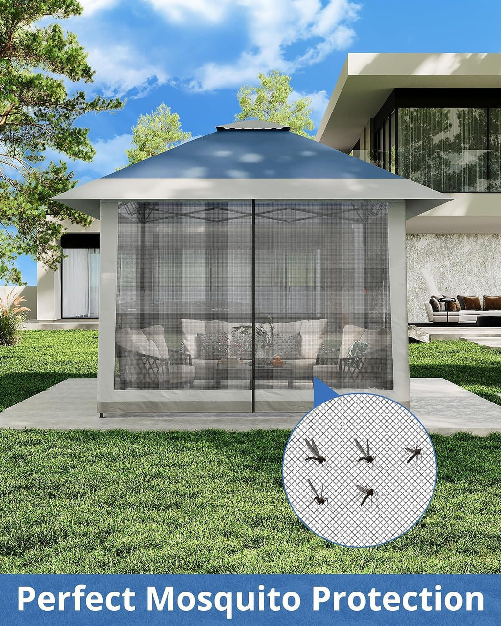 13x13ft Popup Hexagonal Gazebo with Mosquito Net, Adjustable Outdoor Hexagonal Canopy with Portable Handbag for Garden/Backyard/Patio - Gray (Navy Blue)