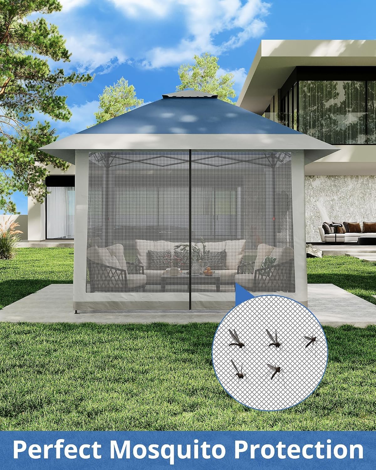 13x13ft Popup Hexagonal Gazebo with Mosquito Net, Adjustable Outdoor Hexagonal Canopy with Portable Handbag for Garden/Backyard/Patio - Gray (Navy Blue)