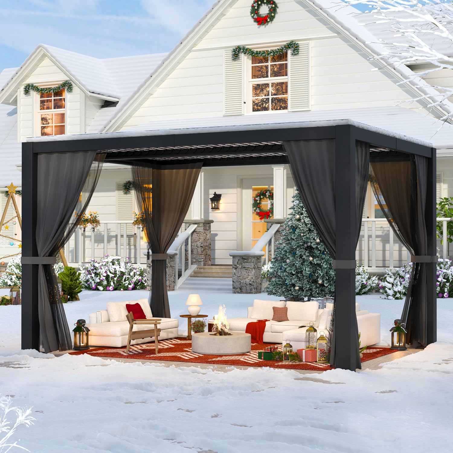 LVUYOYO Outdoor Louvered Pergola 10' x 13', Aluminum Pergola with Adjustable Roof, Waterproof Metal Gazebo with Curtains and Netting for Patio, Backyard, Garden, Deck (Black)