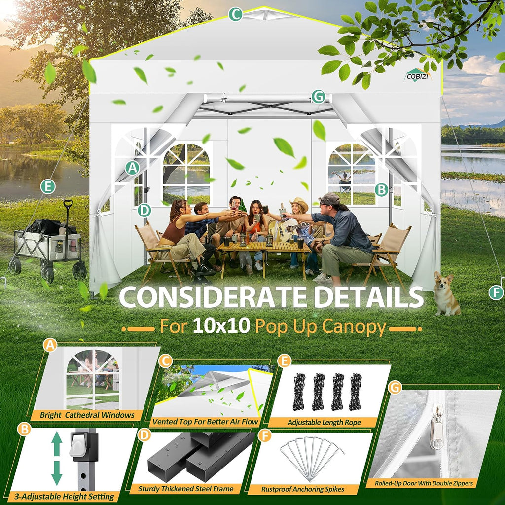 COBIZI 10x10 Pop up Canopy Tent with Sidewalls, One Push Setup, Waterproof & UV 50+ Outdoor Commercial Event Gazebo with Air Vent, Reflective Strip, 4 Sandbags Tents for Parties/Backyard/Camping,White