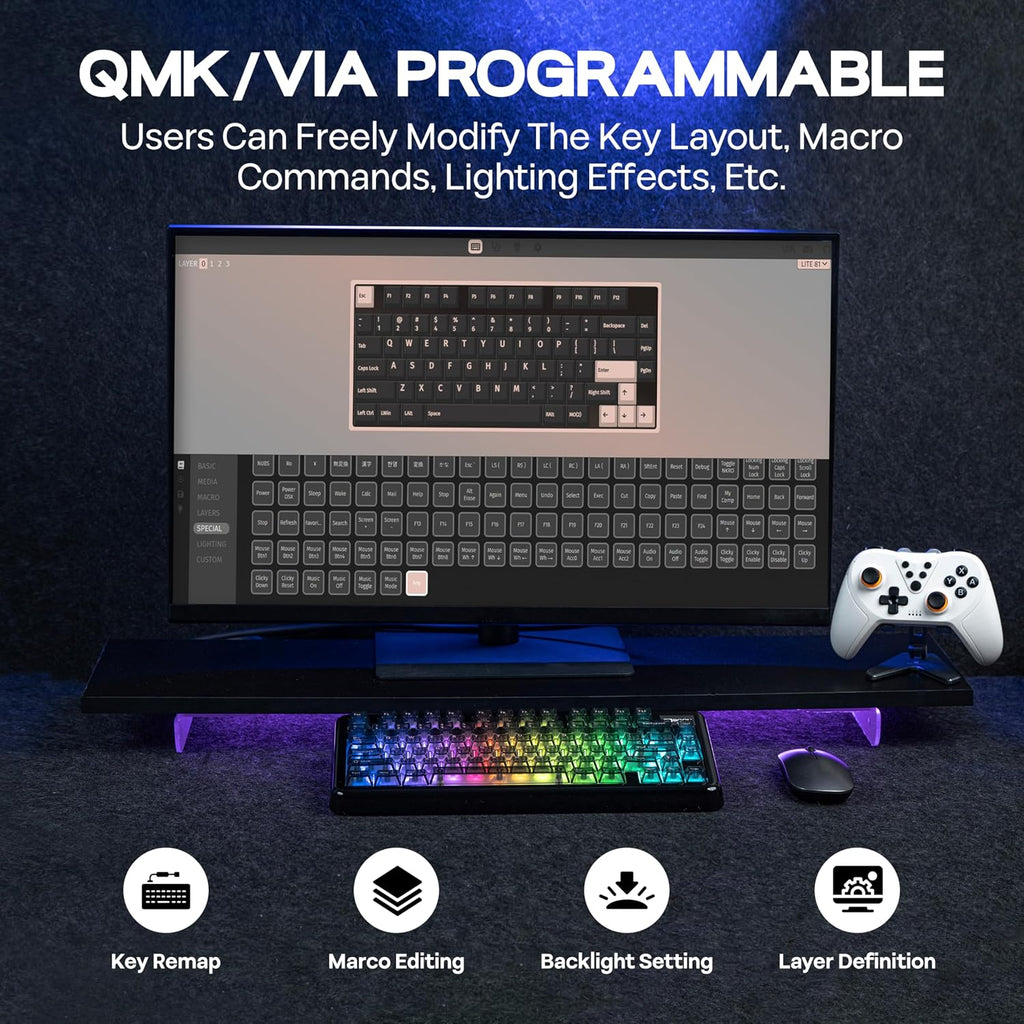KiiBoom Phantom81 Lite 75% Gasket Mechanical Keyboard, QMK&VIA Programmable, 3 Modes Wireless Gaming Keyboard, RGB Backlights, ABS Case + UV Tech, Hot-Swappable for Windows/Mac/Linux (Black)