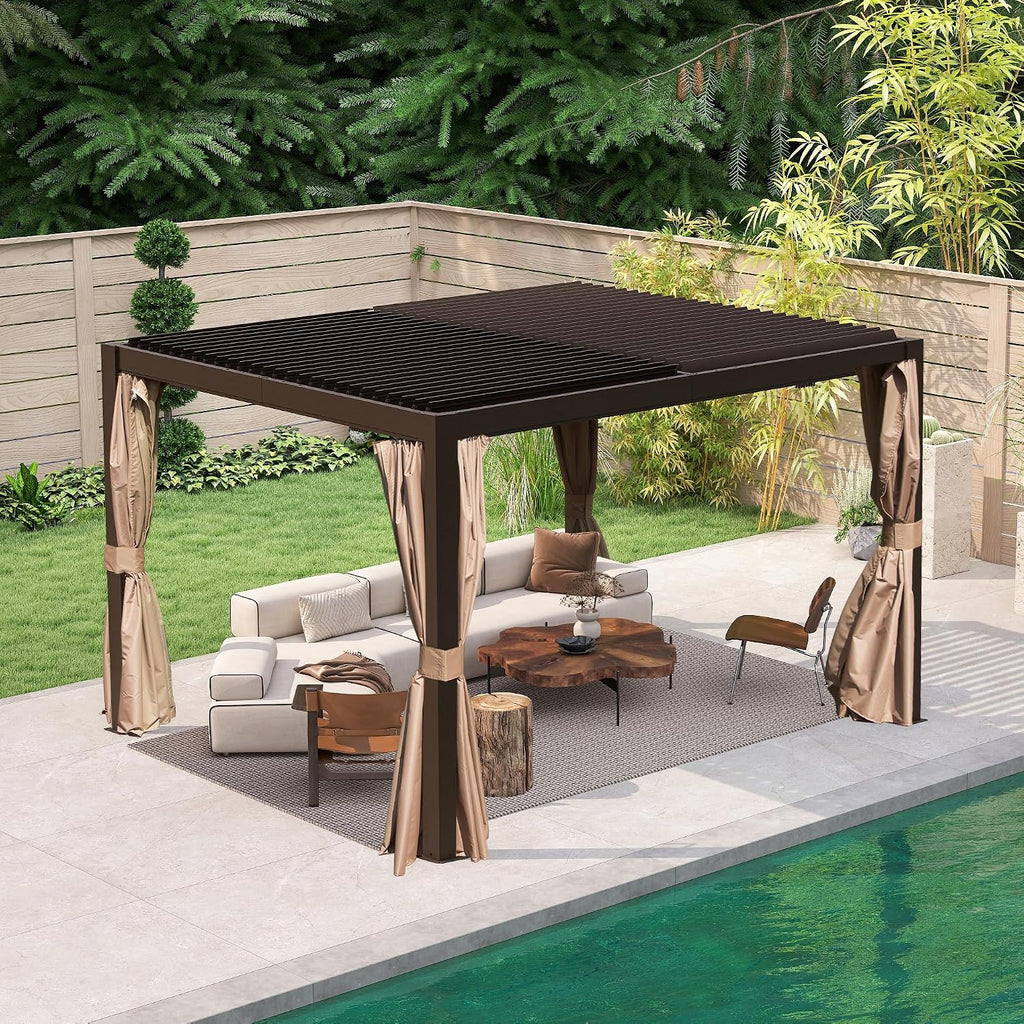 Domi Outdoor Pergola 10' x 12', Aluminum Louvered Pergola with Adjustable Louvers, Full Aluminum Frame, Built-in Gutter System, Modern Patio Gazebo for Deck Garden Patio, Brown