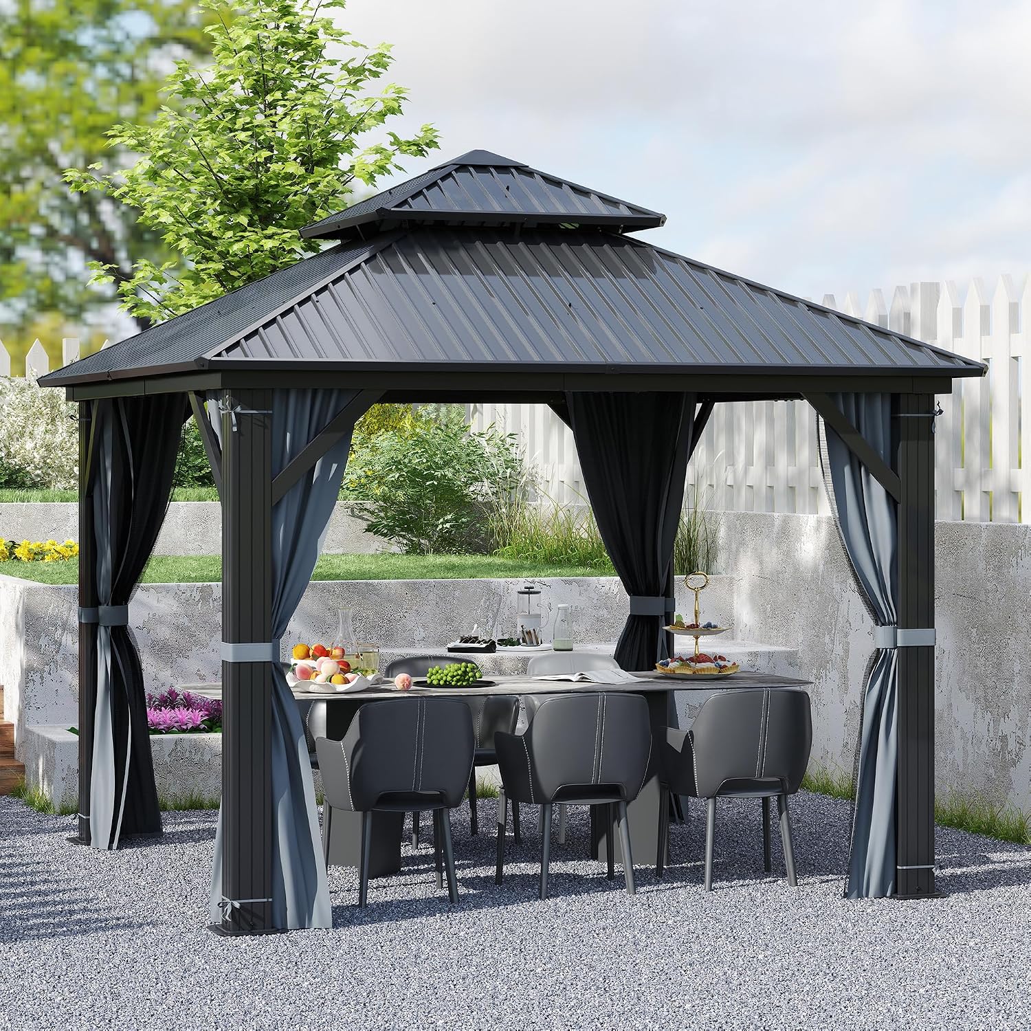 10'x10' Hardtop Gazebo, Outdoor Double Roof Galvanized Steel Gazebos, Aluminum Frame Permanent Pavilion with Curtains & Netting for Backyard, Patio, Deck