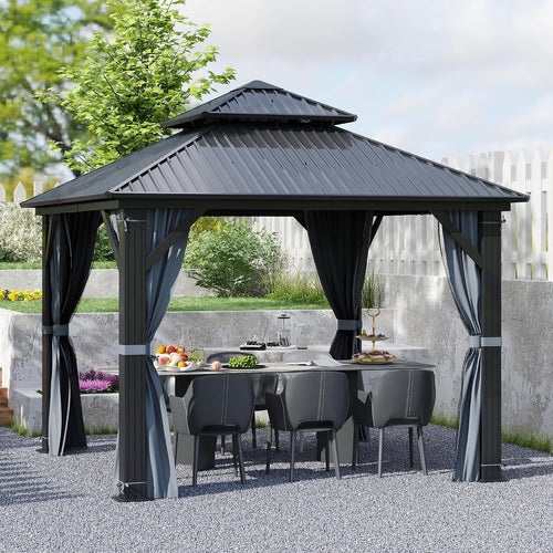 10'x10' Hardtop Gazebo, Outdoor Double Roof Galvanized Steel Gazebos, Aluminum Frame Permanent Pavilion with Curtains & Netting for Backyard, Patio, Deck