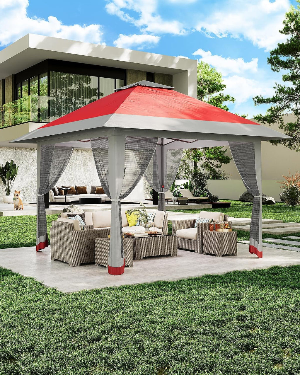 13x13ft Popup Hexagonal Gazebo with Mosquito Net, Adjustable Outdoor Hexagonal Canopy with Portable Handbag for Garden/Backyard/Patio - Gray (Red)