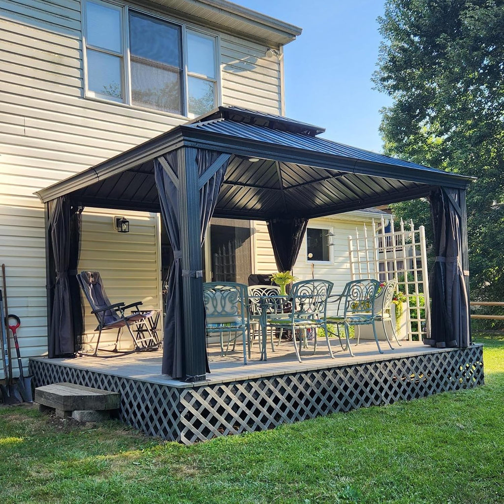 Domi 12' X 14' Hardtop Gazebo Permanent Aluminum Outdoor Gazebo with Galvanized Steel Double Roof, Drainage Gutters, Curtains, and Netting for Party, Wedding, Dining