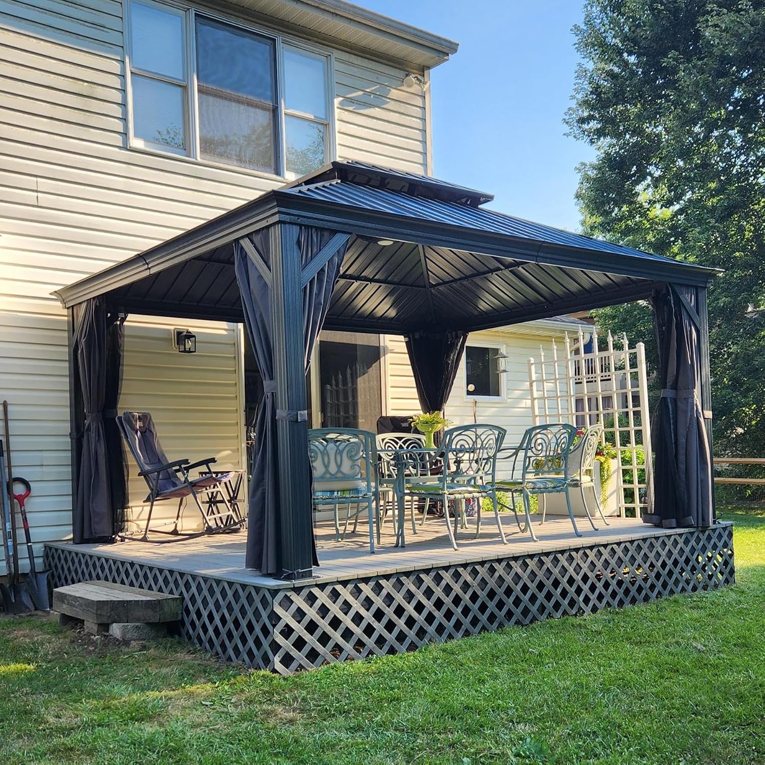 Domi 12' X 14' Hardtop Gazebo Permanent Aluminum Outdoor Gazebo with Galvanized Steel Double Roof, Drainage Gutters, Curtains, and Netting for Party, Wedding, Dining
