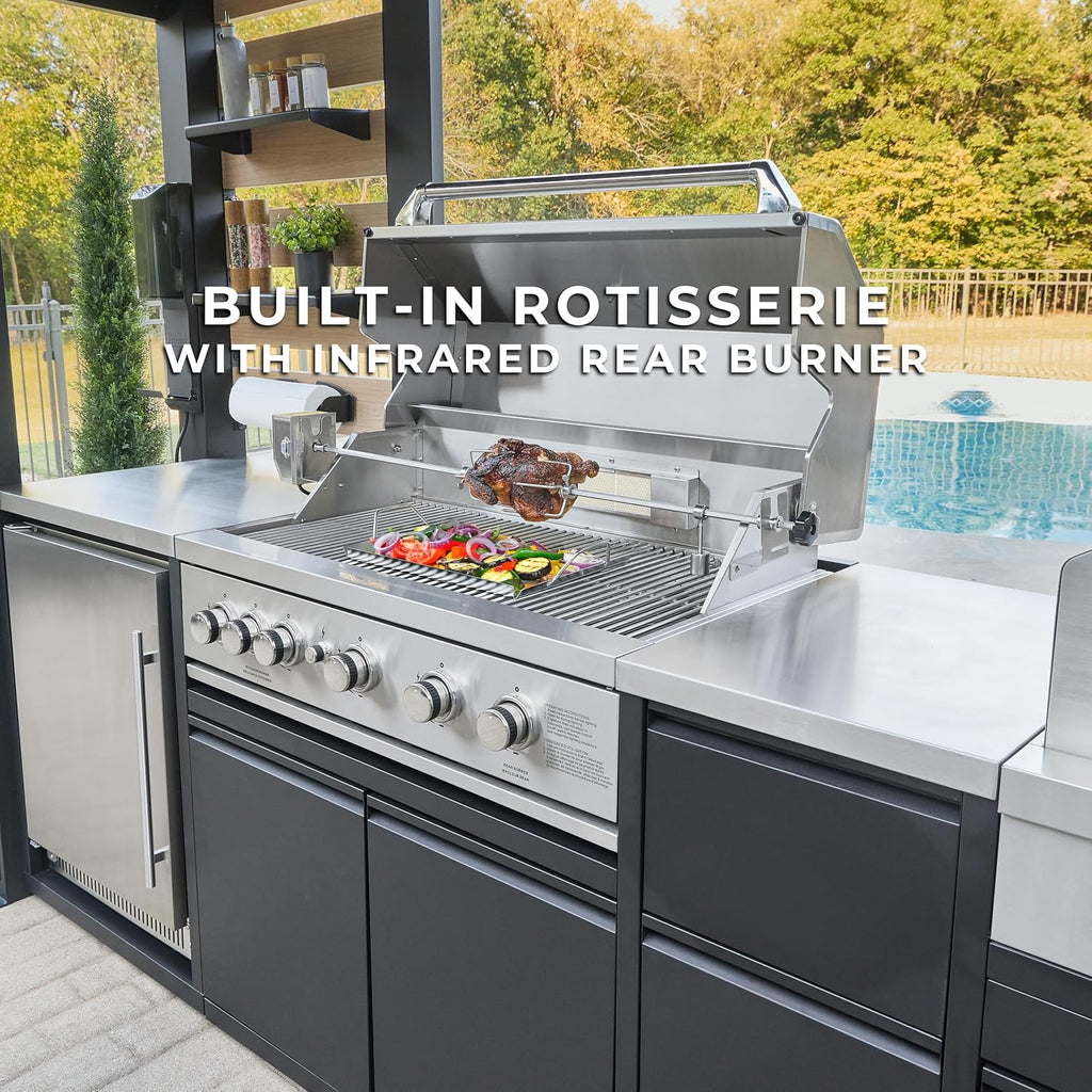 Backyard Discovery Fusion Flame 2 Galvanized Steel Covered Outdoor Kitchen with 5-Burner Stainless Steel Grill, Pizza Oven, Refrigerator, Sink, Storage, and Steel Roof for All-Weather Outdoor Cooking