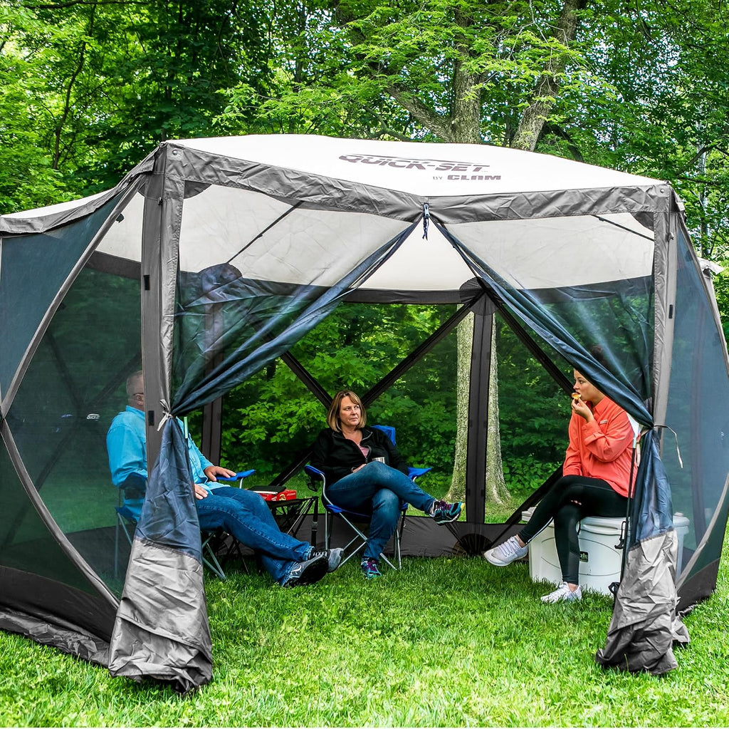 CLAM Quick-Set Pop Up Screen Tent, Escape, 11.5 ft, Instant Setup Gray Outdoor Gazebo Canopy Shelter, 6-Person Bug-Free Camping Tent for Patio, Backyard, Tailgating - Gray