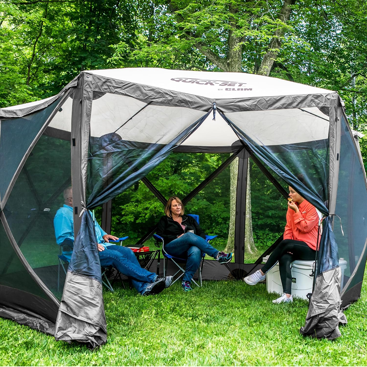 CLAM Quick-Set Pop Up Screen Tent, Escape, 11.5 ft, Instant Setup Gray Outdoor Gazebo Canopy Shelter, 6-Person Bug-Free Camping Tent for Patio, Backyard, Tailgating - Gray
