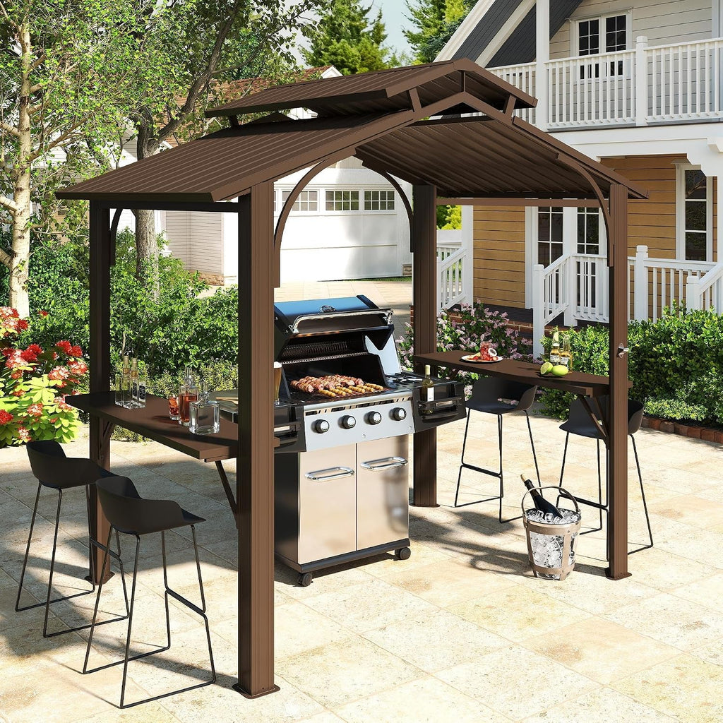 Domi 8x5FT Hardtop Grill Gazebo, Outdoor BBQ Gazebo with 2 Side Shelves and Ceiling Hook, Metal Grill Canopy with Galvanized Steel Double Roof for Patio Lawn Patio Backyard Deck, Brown