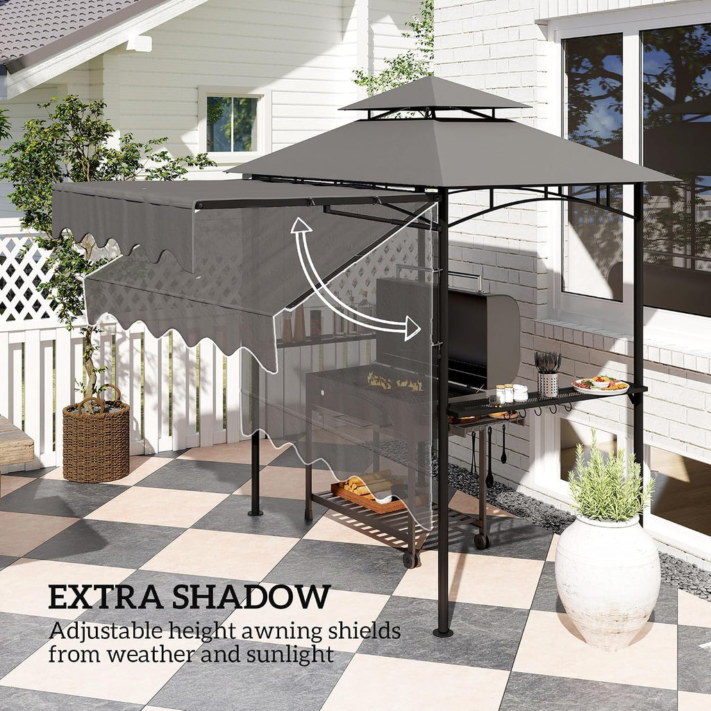 Outsunny 8' x 7.6' Grill Gazebo, Double Tiered Outdoor BBQ Gazebo with Side Awning, 2 Side Shelves and 6 Hooks for Patio, Deck, Yard, Dark Gray
