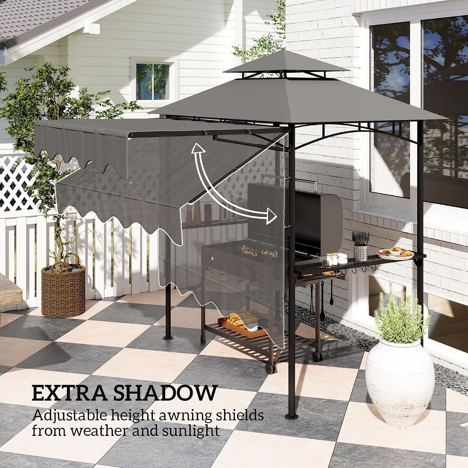 Outsunny 8' x 7.6' Grill Gazebo, Double Tiered Outdoor BBQ Gazebo with Side Awning, 2 Side Shelves and 6 Hooks for Patio, Deck, Yard, Dark Gray