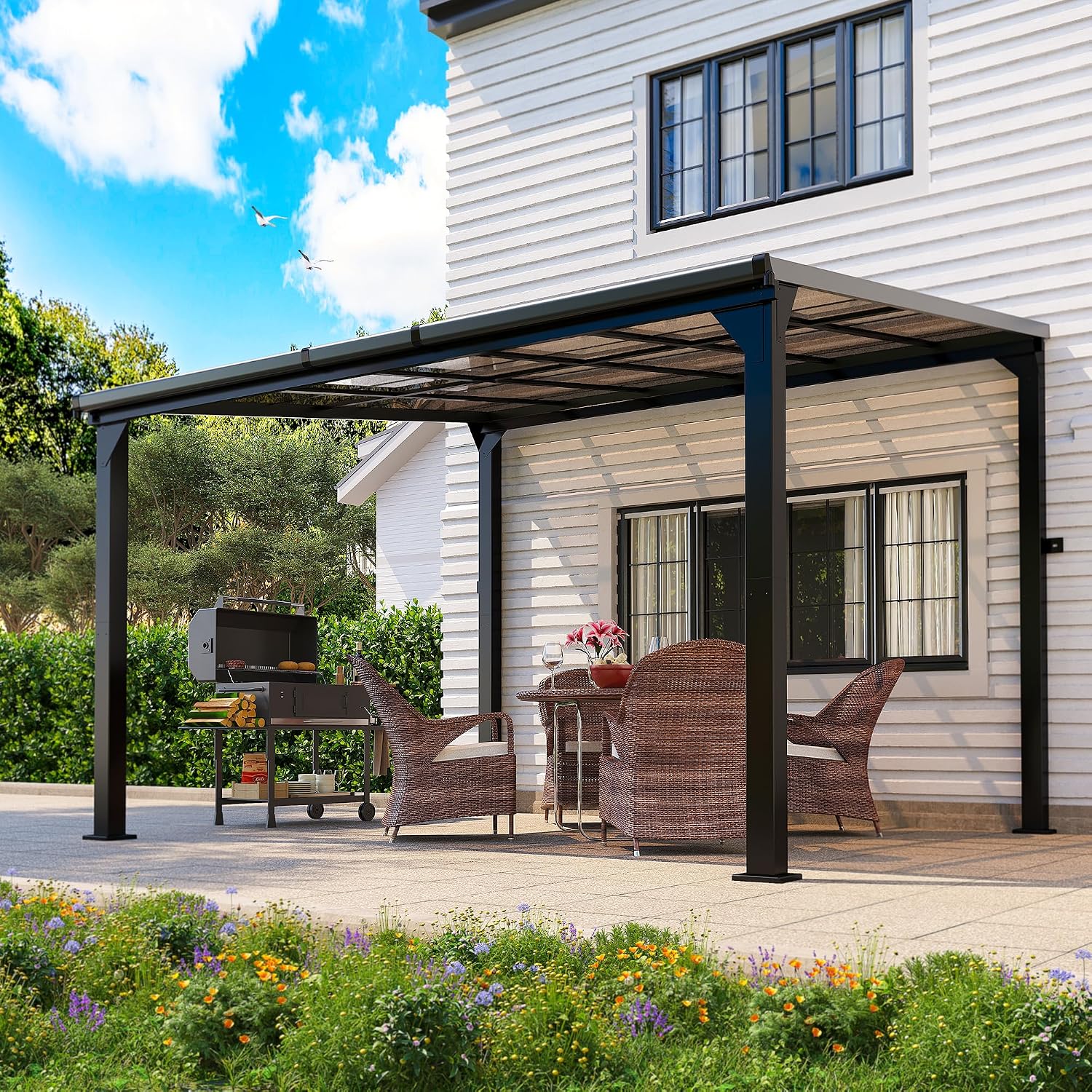 10 * 12FT Pergola,4 * 5 Inch Thickened Pillars & Enlarged Base,Outdoor Hardtop Lean to Gazebo,Wall Mounted Pergola,Pergolas Gazebos Clearance,Aluminum Frame Pergola,UV Resistant Patio Roof