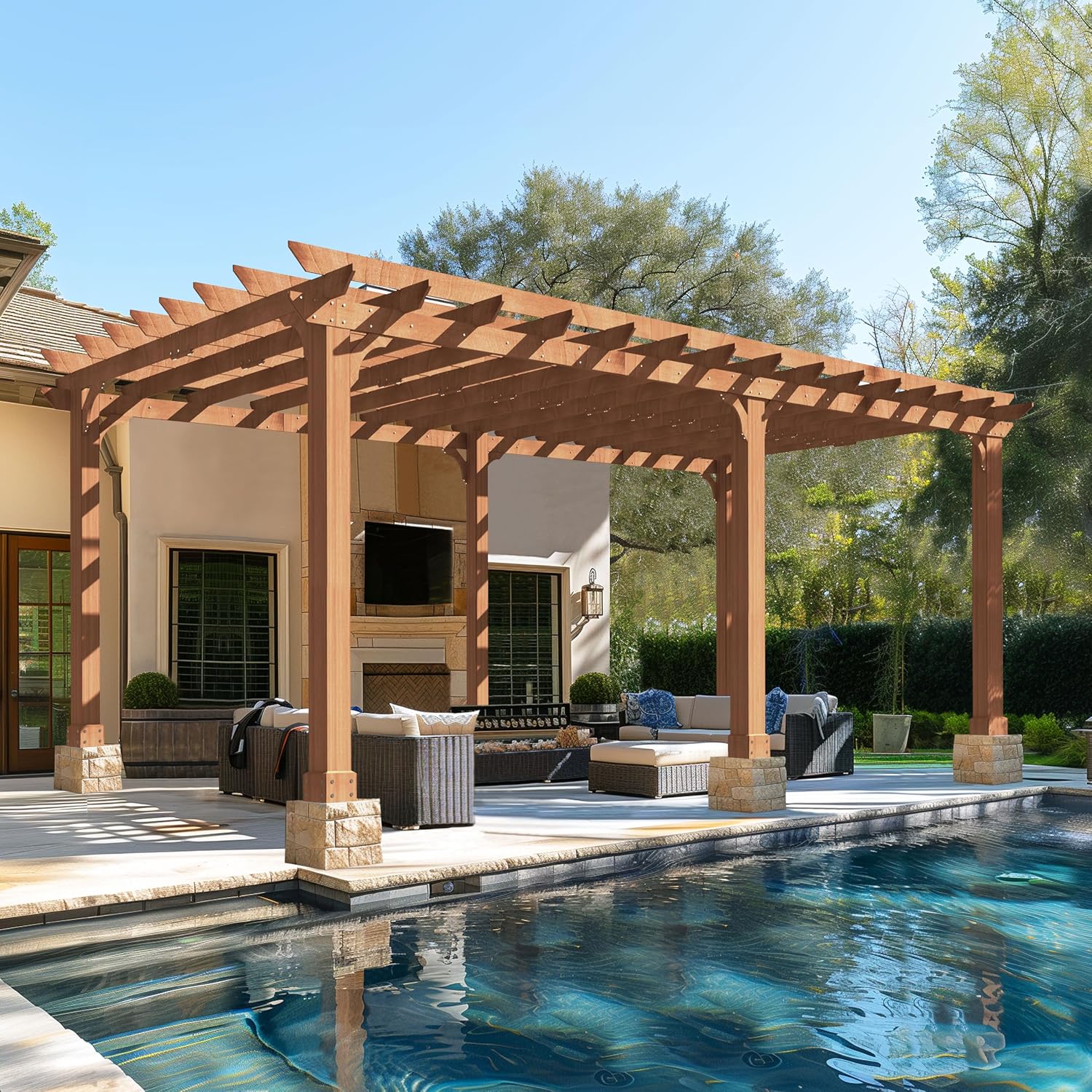 Yardenaler 12 x 20 FT Wooden Pergola, Cedar Wood Gazebo with Flat Roof, Outdoor Garden Shelter with Stakes Included, Patio, Deck, Backyard, Lawn