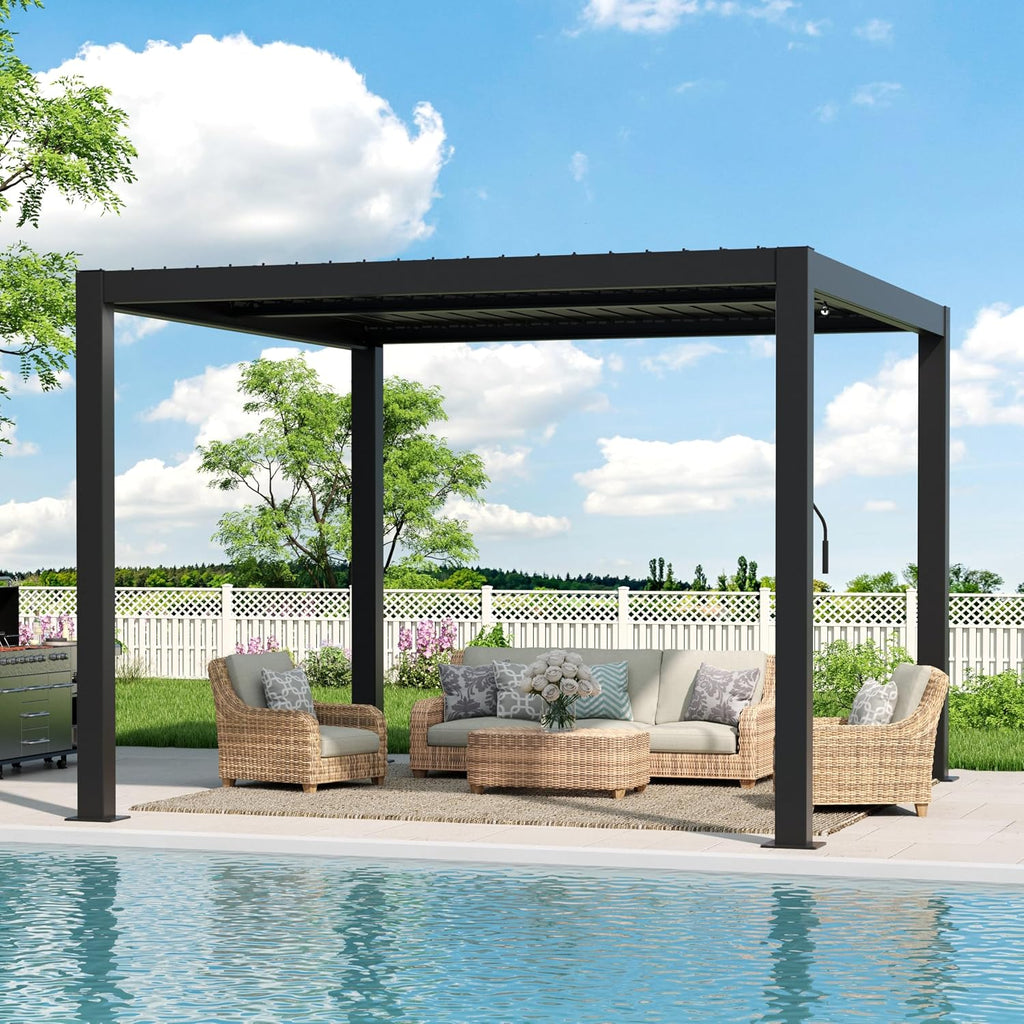 LVUYOYO Outdoor Louvered Pergola 10' x 10', Aluminum Pergola with Adjustable Roof, Waterproof Metal Gazebo for Patio, Backyard, Garden, Deck (Black)
